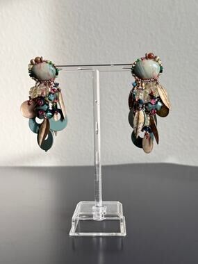 Vintage CHIPITA Signed Statement Earrings 1980s Boho Jasper Bead Dangle Drop